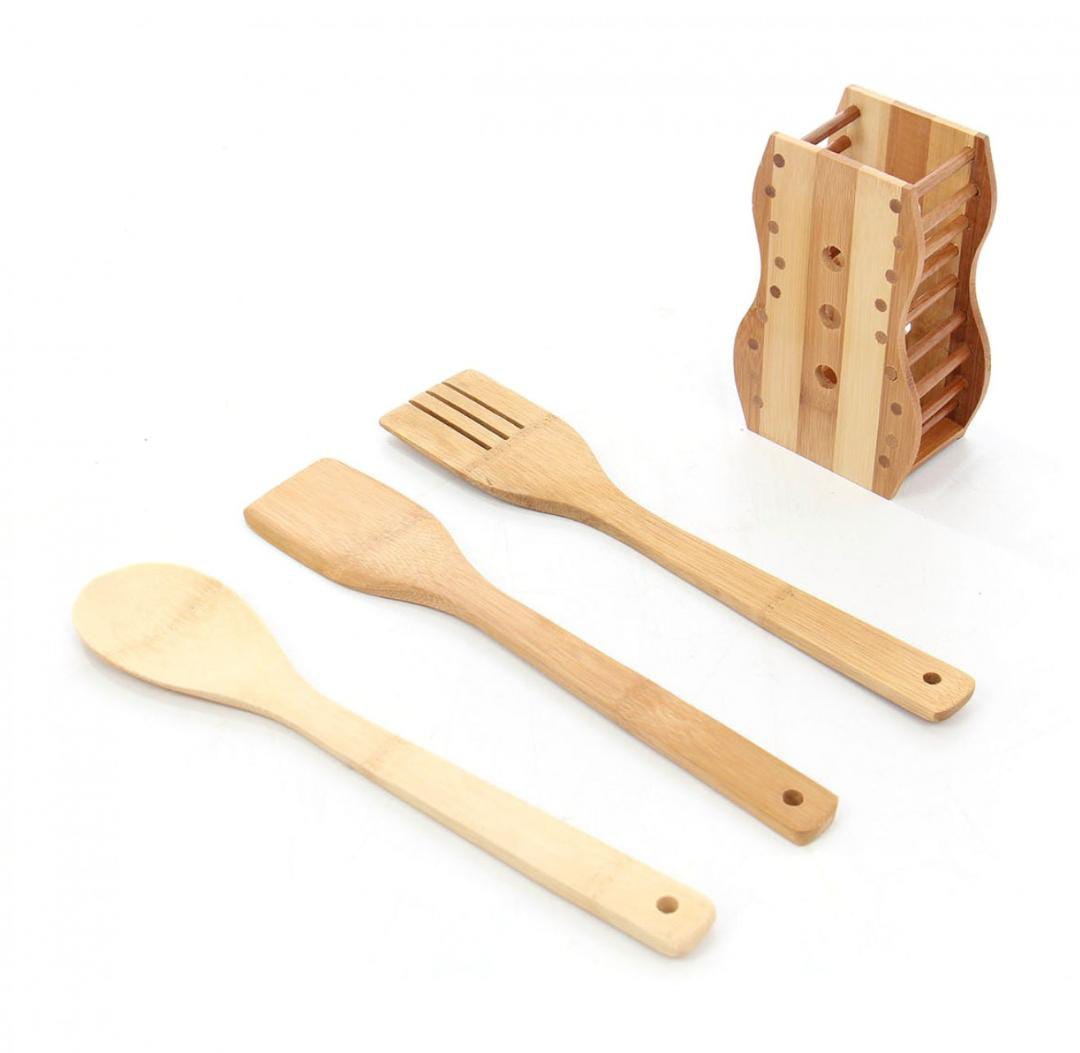 Set 3 ustensile bambus cu suport decor