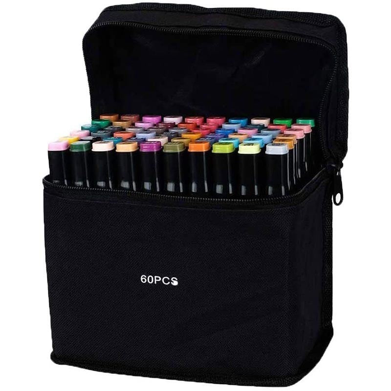 Set 80 markere cu varf dublu, culori diverse, geanta depozitare inclusa