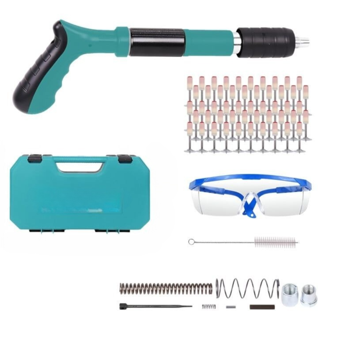 Pistol pneumatic pentru fixare cuie- Kit complet cu 50 nituri si accesorii