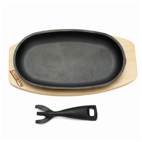 Platou servire oval, fonta pura, cu maner si baza din lemn