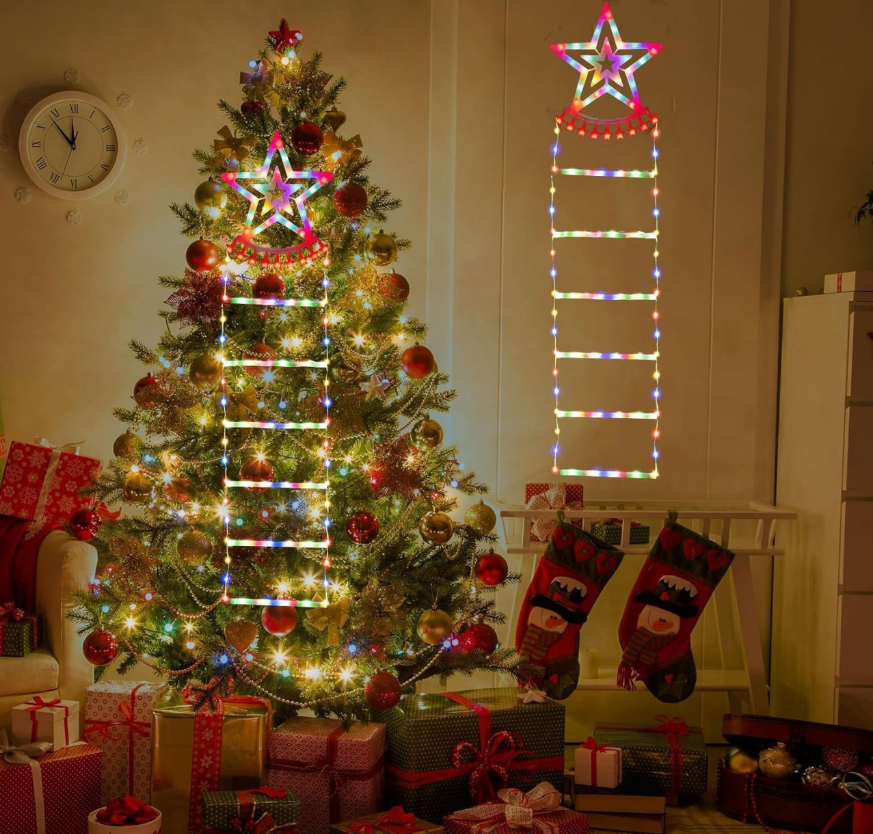 Scara pentru Mos Craciun , LED, multicolor, 25 x 160 cm model stea, fulg, brad