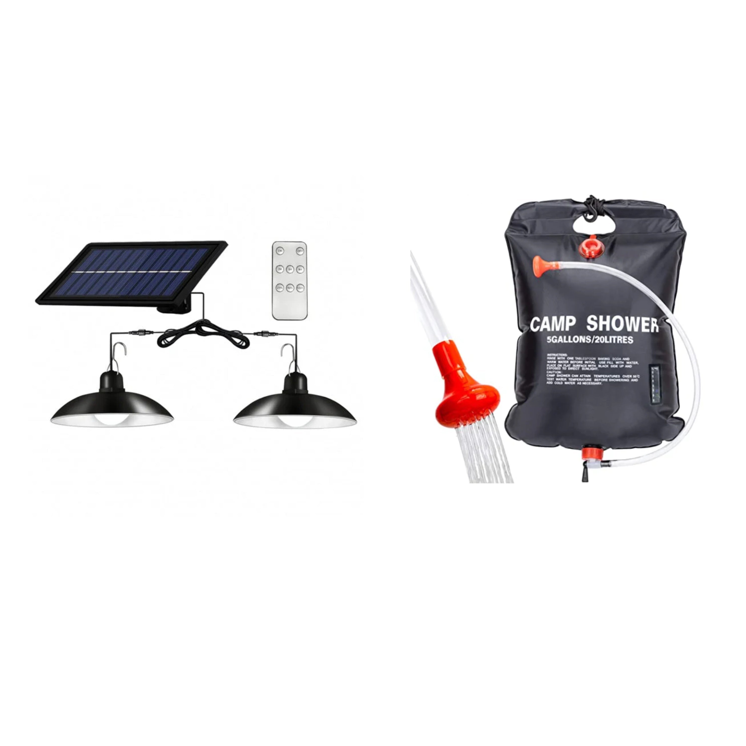 Set panou solar cu 2 becuri LED cu aplica, telecomanda, 50W + Dus solar camping, capacitate 20L