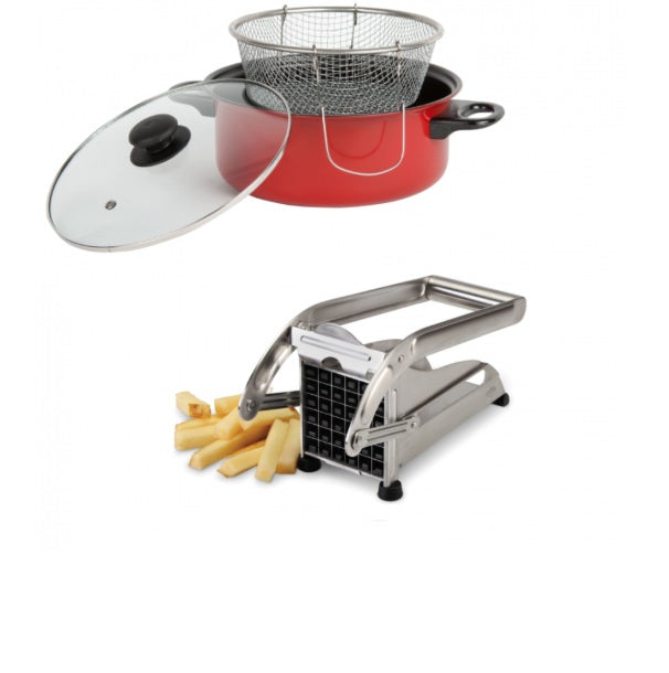 Set pentru cartofi prajiti: Friteuza teflonata cu capac si cos + Feliator cartofi din inox