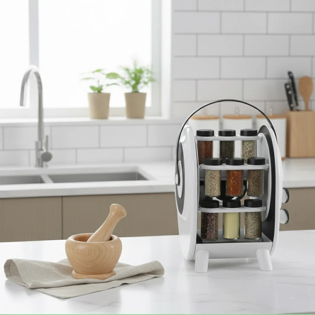 Suport rotativ portabil pentru condimente cu 18 borcane