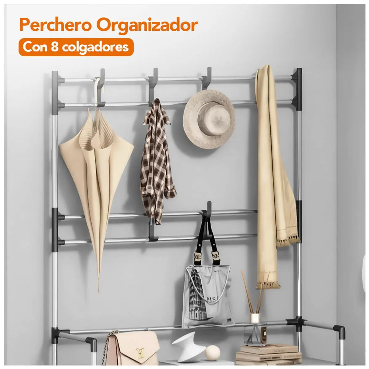 Cuier cu raft pantofi pe 4 niveluri si 8 carlige duble, suport haine si incaltaminte pentru hol