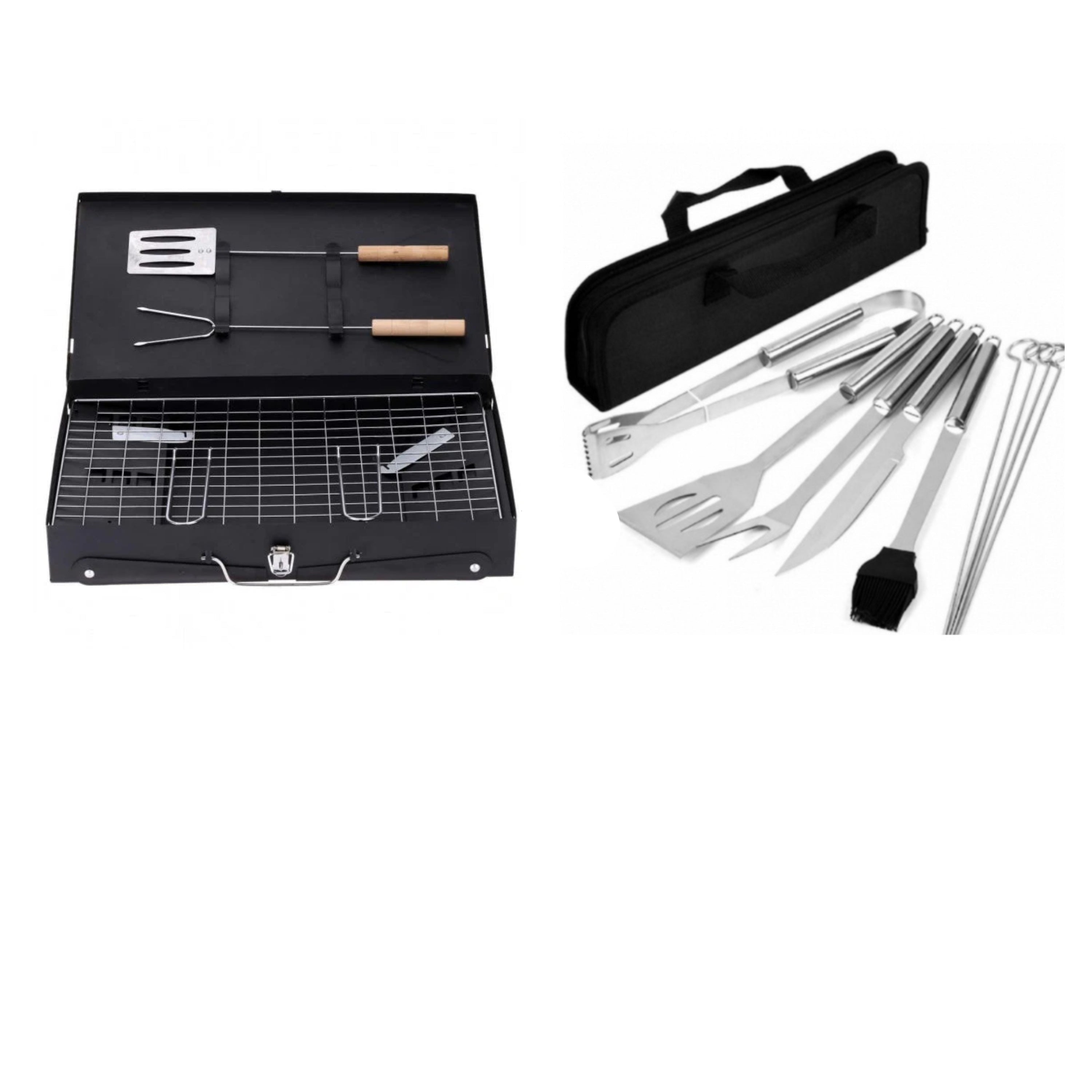 Gratar portabil pentru camping tip diplomat + Set 9 ustensile gratar cu geanta pentru depozitare