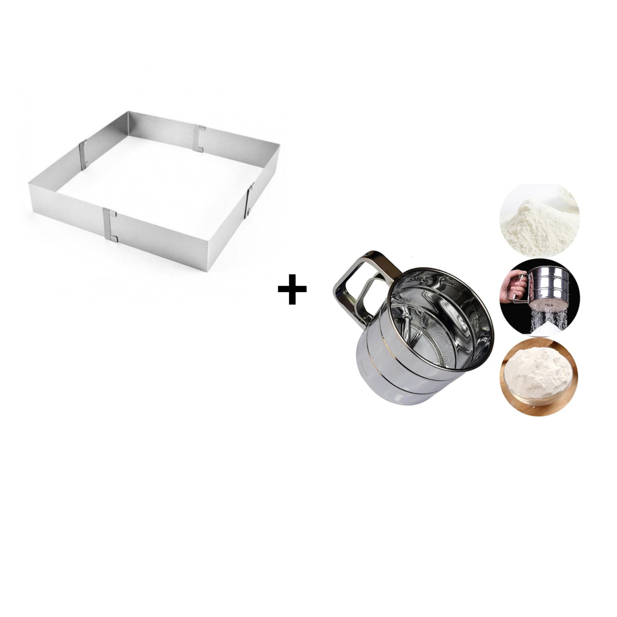Inel patrat reglabil tort 15-28 cm + Sita faina/zahar, Inox