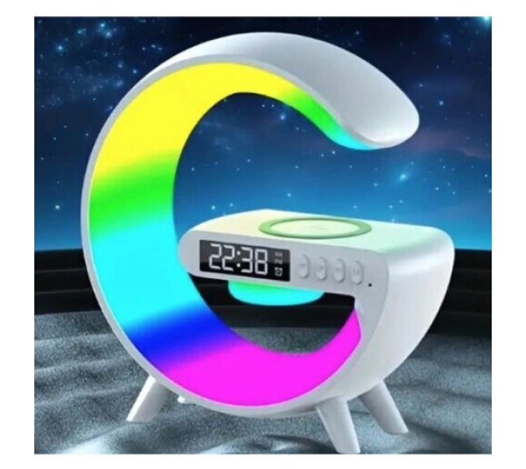 Boxa/Lampa G RGB cu ceas cu alarma, lumina si sunet, difuzor Bluetooth si incarcator rapid wireless