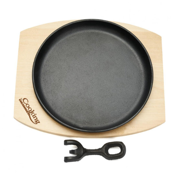 Platou servire rotund, fonta pura, cu maner si baza din lemn