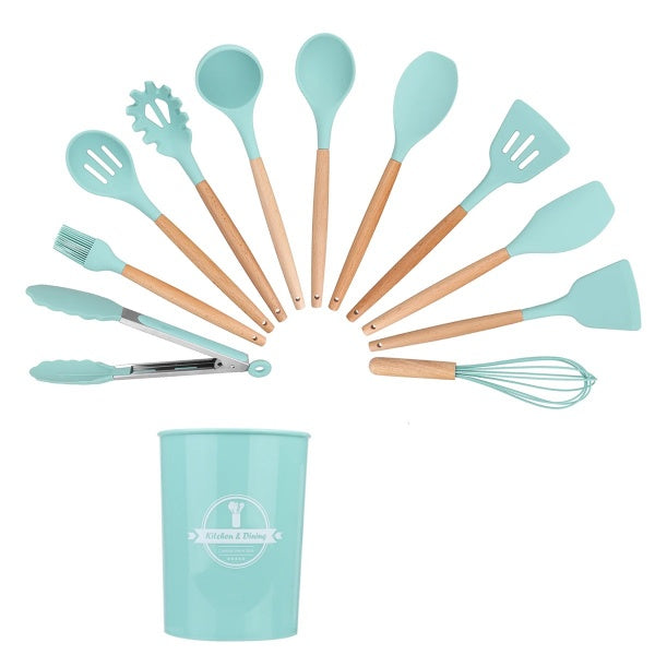 Set 11 ustensile din silicon, pentru gatit, manere bambus