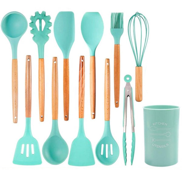 Set 11 ustensile din silicon, pentru gatit, manere bambus