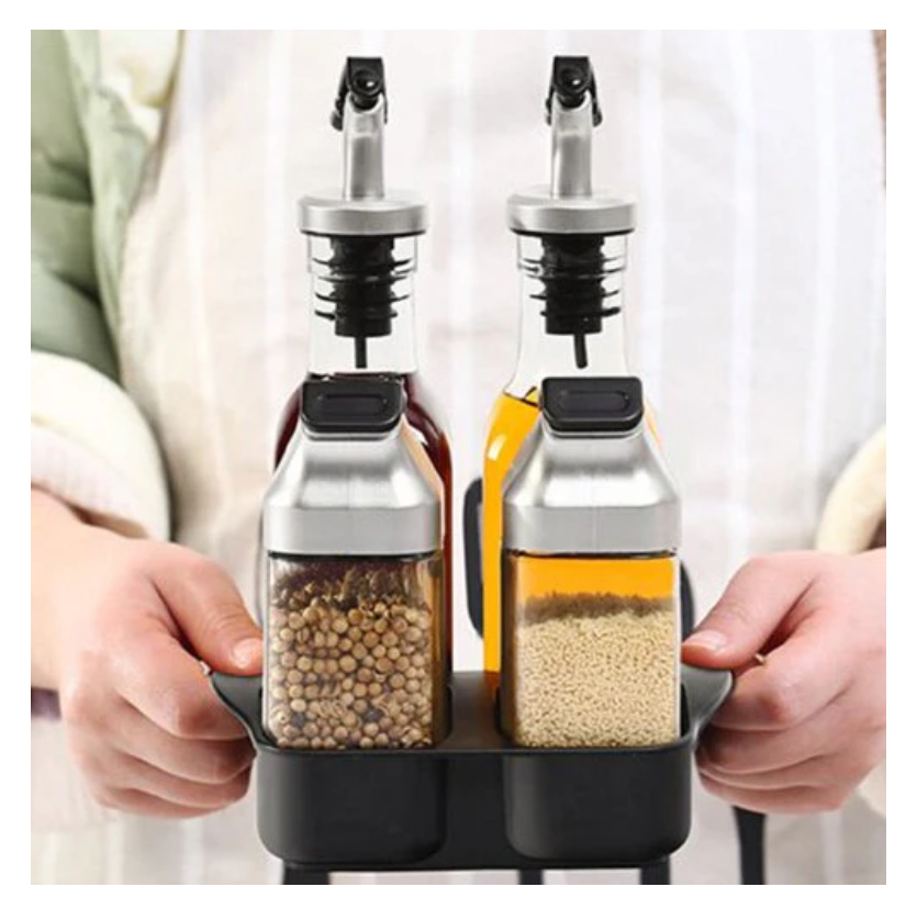 Set condimente/oliviera 5 piese pentru ulei și oțet din sticla cu suport