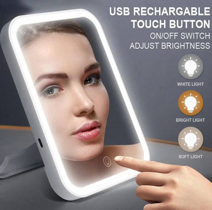 Oglinda de machiaj cu LED, ecran tactil, 3 tipuri de lumina, portabila, suport pliabil