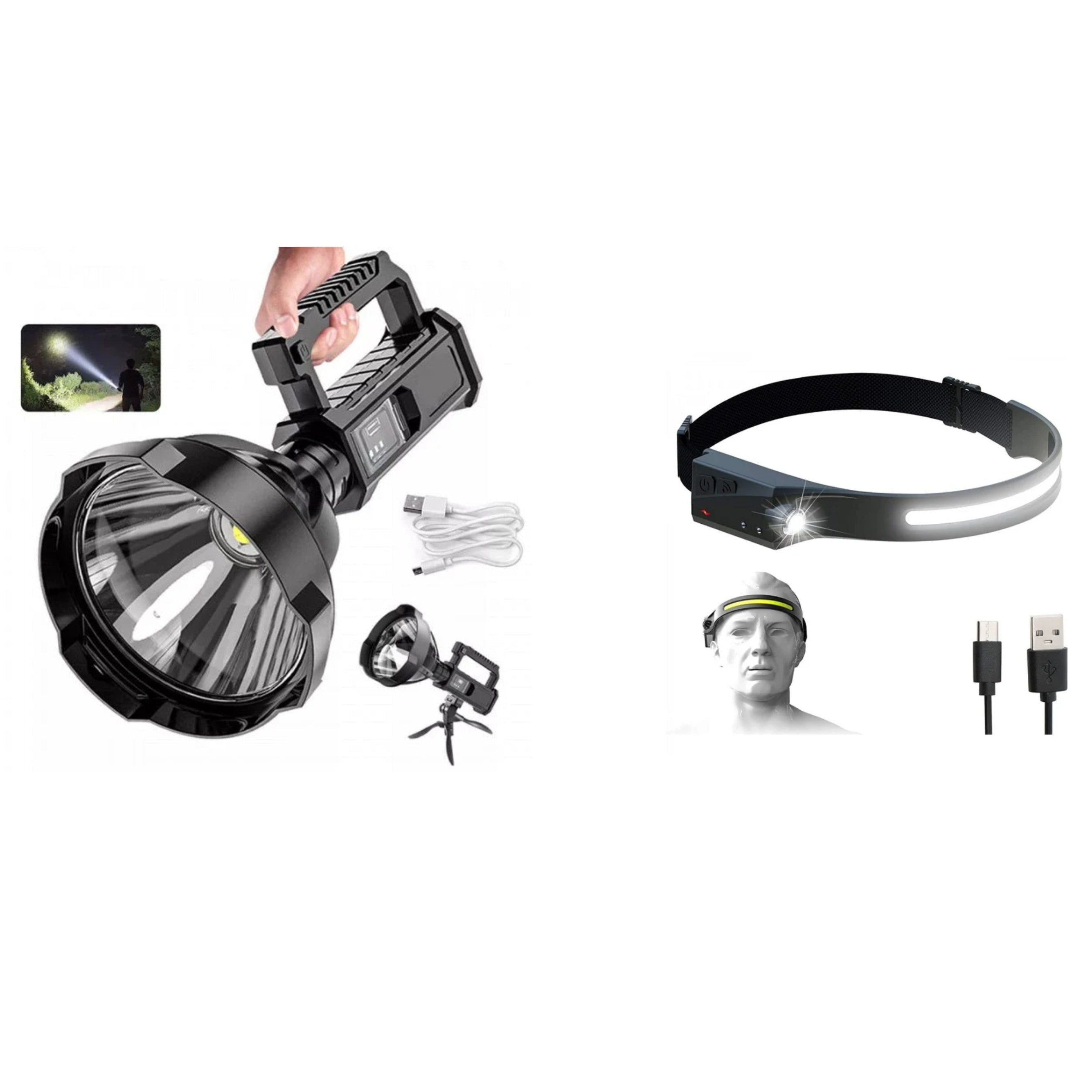 Lanterna puternica, 500 m, cu incarcare USB si trepied + Lanterna de cap cu acumulator cu senzor de miscare