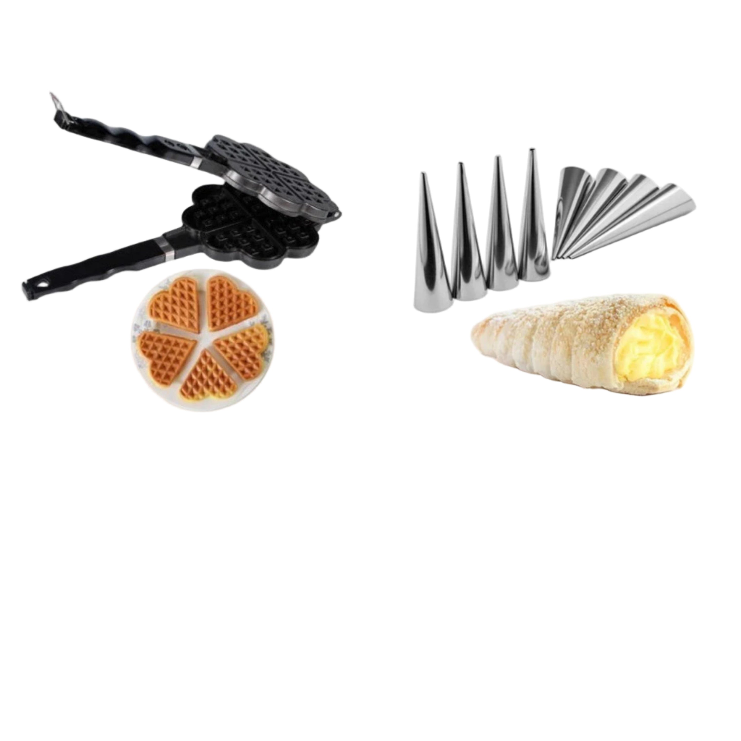 Aparat pentru preparat vafe sau gofre in forma de inima + Set 8 forme conice pentru rulouri