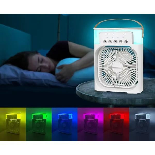 Ventilator portabil 3 în 1 cu pulverizare: racorire, umidificare și iluminare în 7 culori