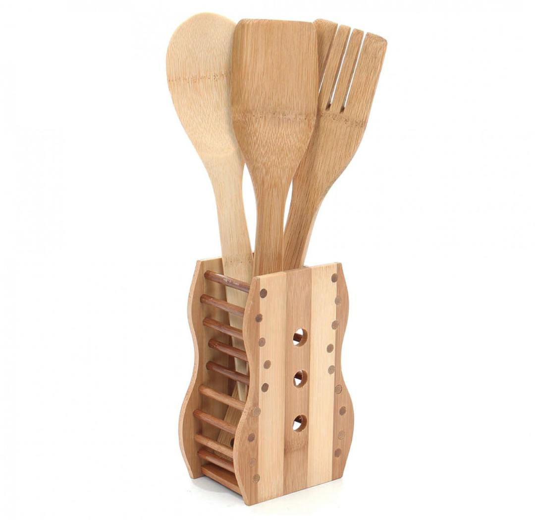 Set 3 ustensile bambus cu suport decor