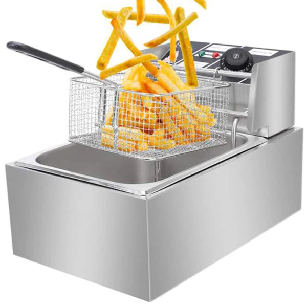 Friteuza Electrica Profesionala 6L, Inox, 2500W – Termostat Reglabil, Capac Antistropire, Usor de Curatat