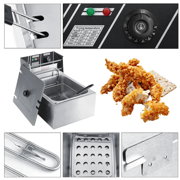 Friteuza Electrica Profesionala 6L, Inox, 2500W – Termostat Reglabil, Capac Antistropire, Usor de Curatat