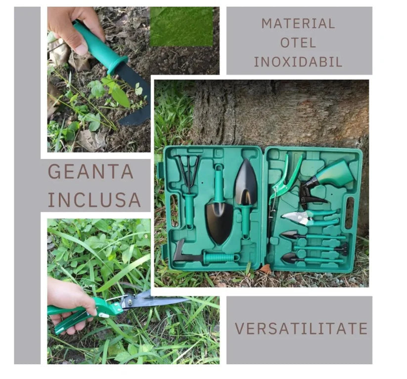 Set 10 accesorii pentru gradinarit, geanta depozitare inclusa, otel inoxidabil, 37 x 28 cm, verde