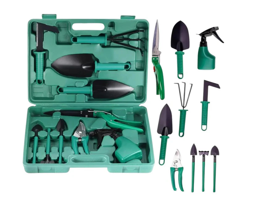 Set 10 accesorii pentru gradinarit, geanta depozitare inclusa, otel inoxidabil, 37 x 28 cm, verde