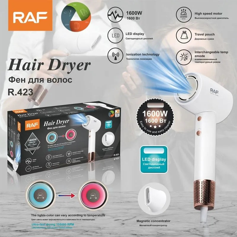 Uscator de par, RAF R423, 1600W,  2 viteze si 3 trepte de temperatura, 1 cap magnetic, alb