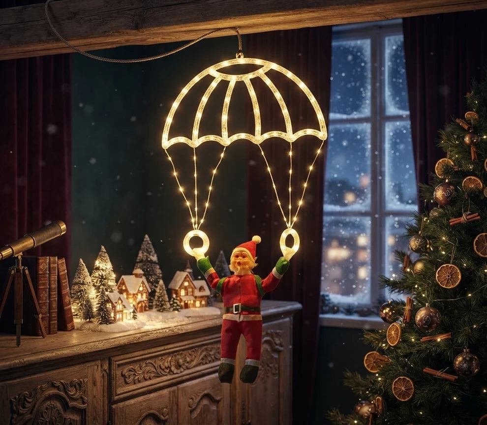 Decorațiune luminoasă LED – Moș Crăciun cu parașută, 40x80 cm, alimentare la priză