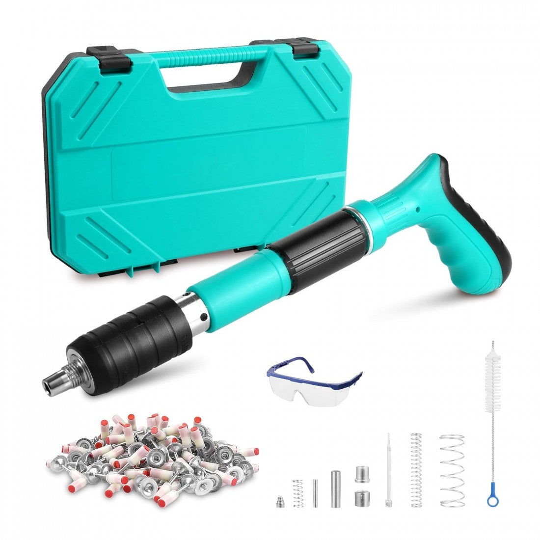 Pistol pneumatic pentru fixare cuie- Kit complet cu 50 nituri si accesorii