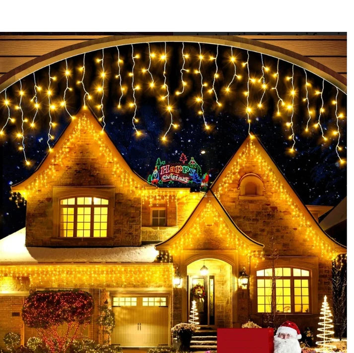 Instalatie Solara 12 metri turturi, franjuri inegali cu 300 LED-uri, diverse culori